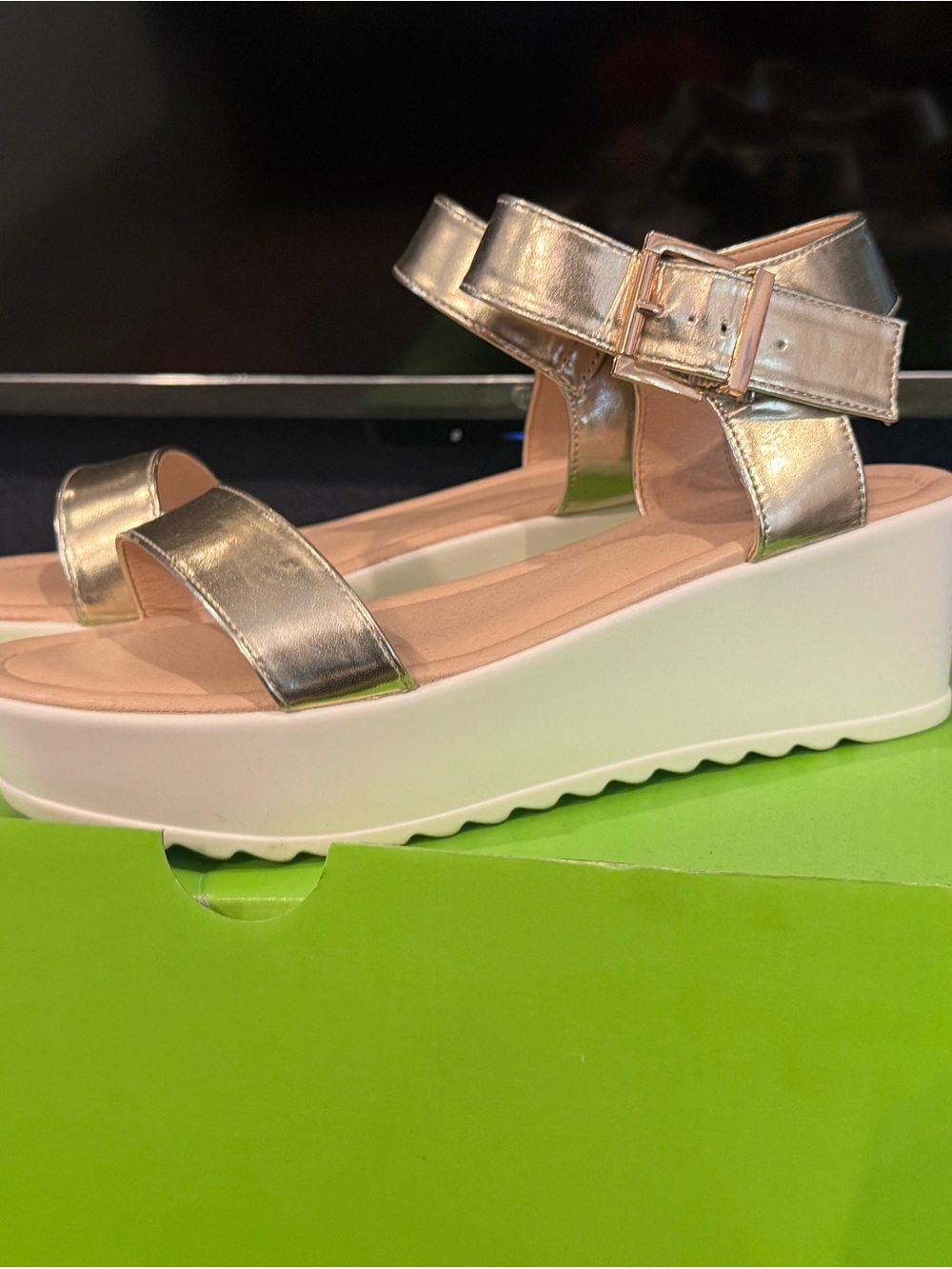 Women's Metallic Gold Wedge Sandals with Ankle Buckle